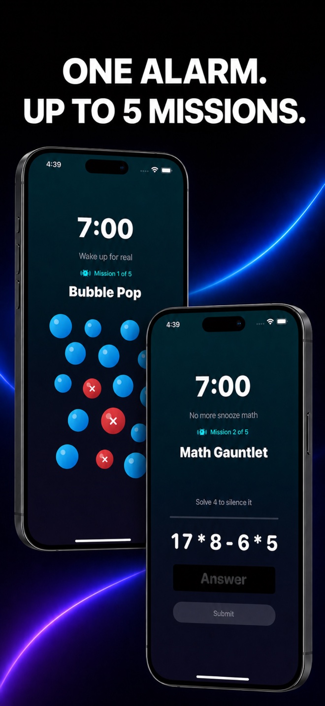 AlarmPop mission stack showing five wake-up missions in sequence