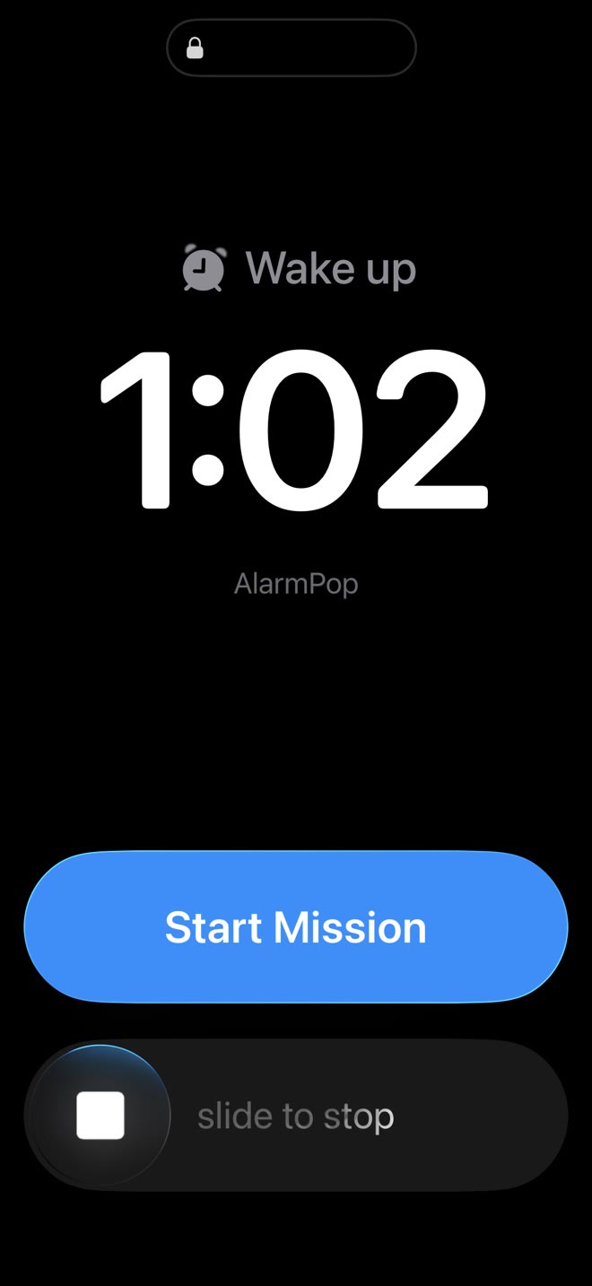 AlarmPop system alarm ringing on an iPhone with a blue Start Mission button