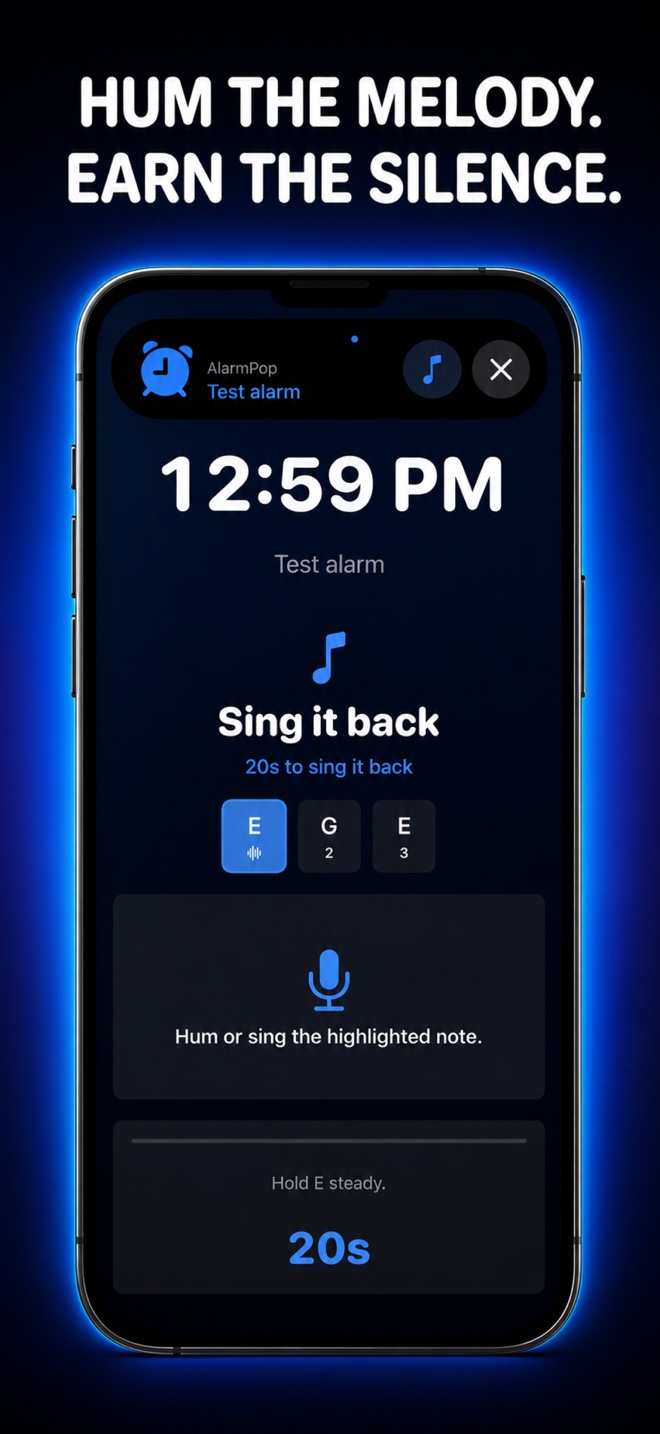AlarmPop Sing It Back mission asking the user to hum a highlighted note