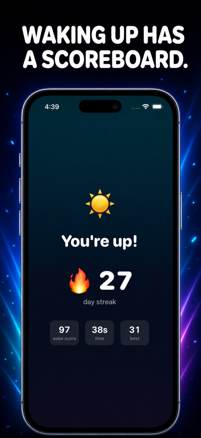 AlarmPop Wake-up Score and daily streak celebration screen